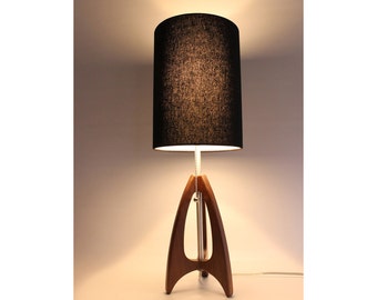 Tripod Table Lamp - Mid-Century Style - Walnut Wood - Black Shade - by Retro Grain