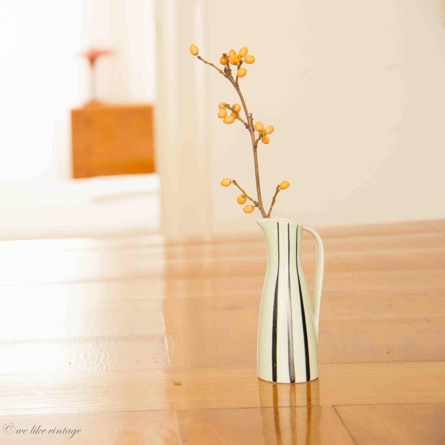 Vintage Mint Green Handled Vase with Black Stripes Vase made