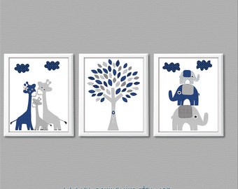 Navy and grey Nursery Art Print Set, Kids Room Decor - Baby boy wall art, Giraffe family, baby elephant, elephant family, tree -UNFRAMED
