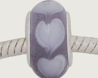 European Style Bead Charm for European Bracelet, Murano Glass, Silver Cores, Purple with Hearts ~ Summer Collection