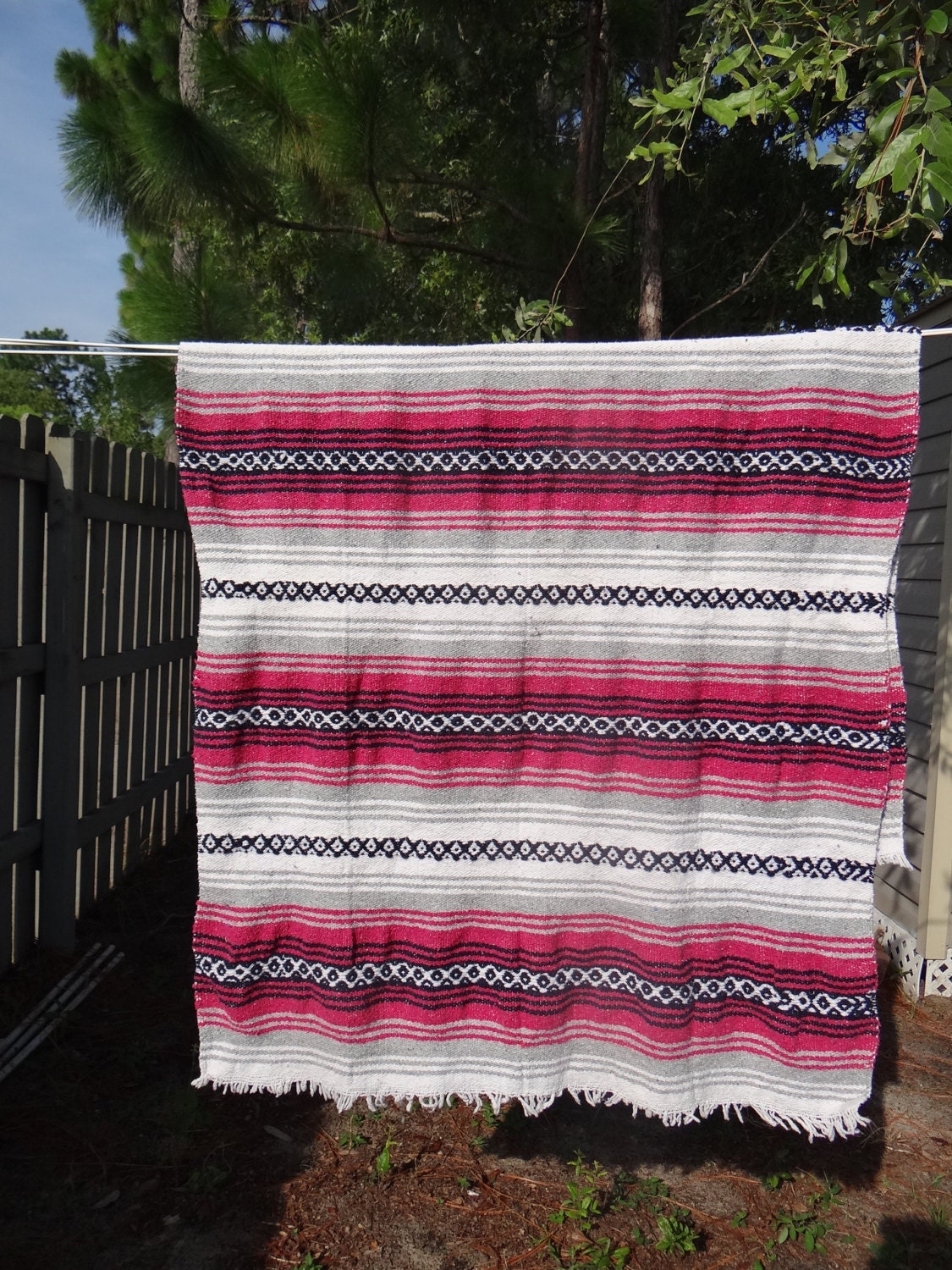 Vintage Mexican Woven Blanket White/ Pink /Black /Gray