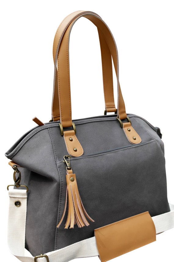 Canvas Leather Tote Diaper Bag, Canvas Lining, EcoFriendly, Two Foil