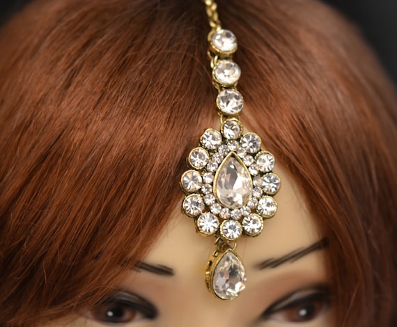 Gold Crystal Indian Matha Patti Tikka Head Chain Jewelry Bridal Wedding Prom Boho 3212