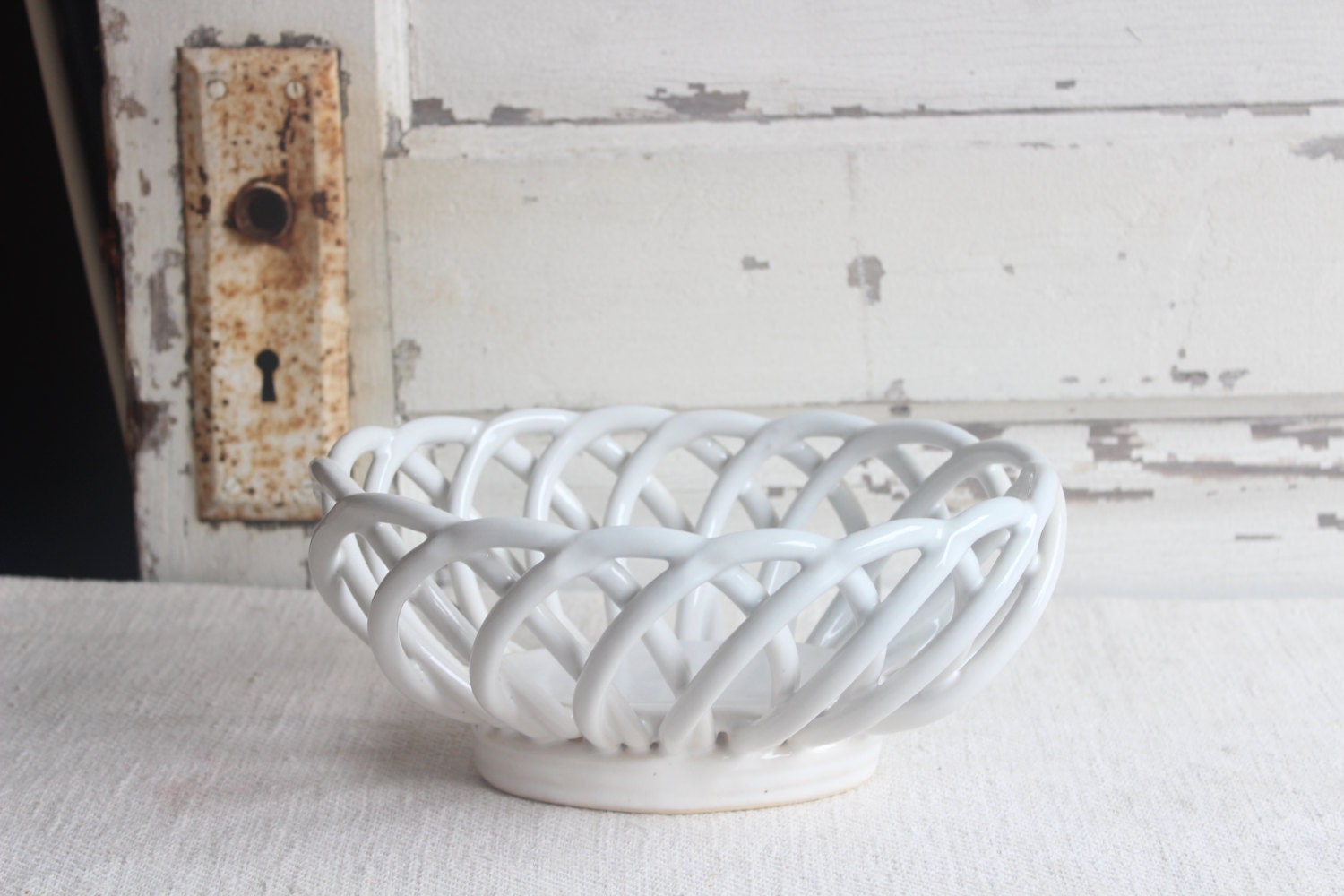 Vintage White Ceramic Open Weave Bread Serving Bowl Basket
