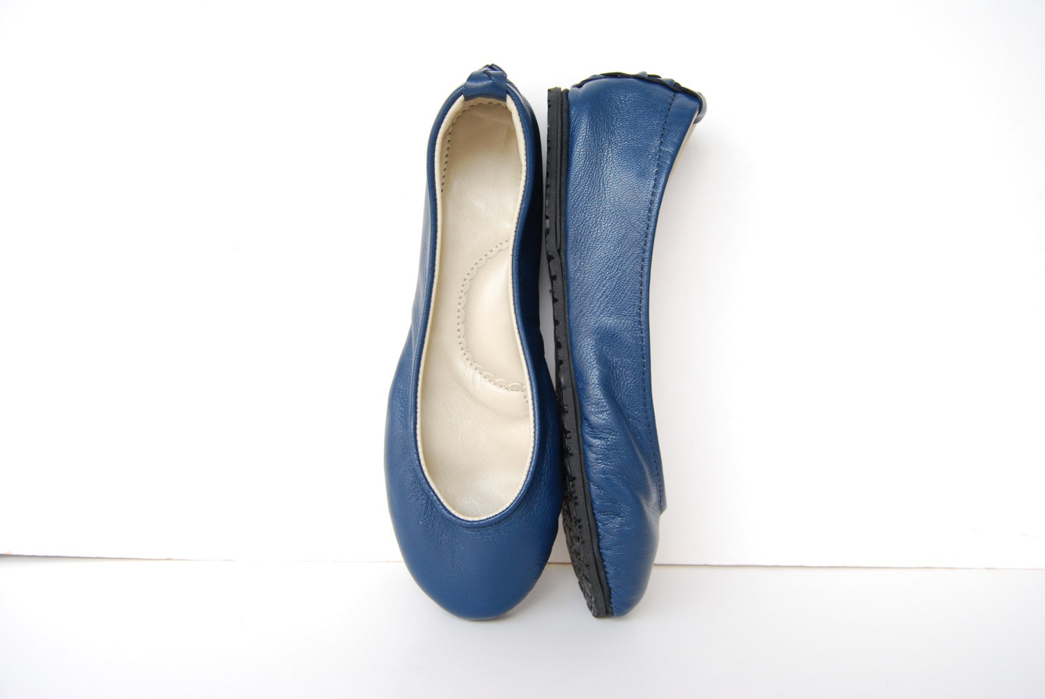 Navy blue leather ballerina flat shoes custom made