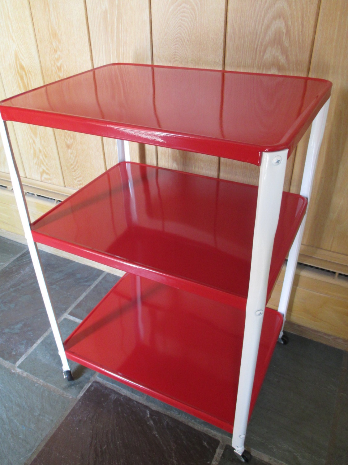 Vintage COSCOstyle Restored Three Tier Tea Wheeled Serving Cart Red