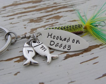 Hooked on Daddy fishing lure keychain - hand stamped personalized initials you choose the color and number of fish charms - rugged husband