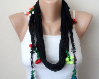black scarf pompom cotton scarf yemeni scarf oya scarf birthday summer scarf women scarves fashion scarf gift for her