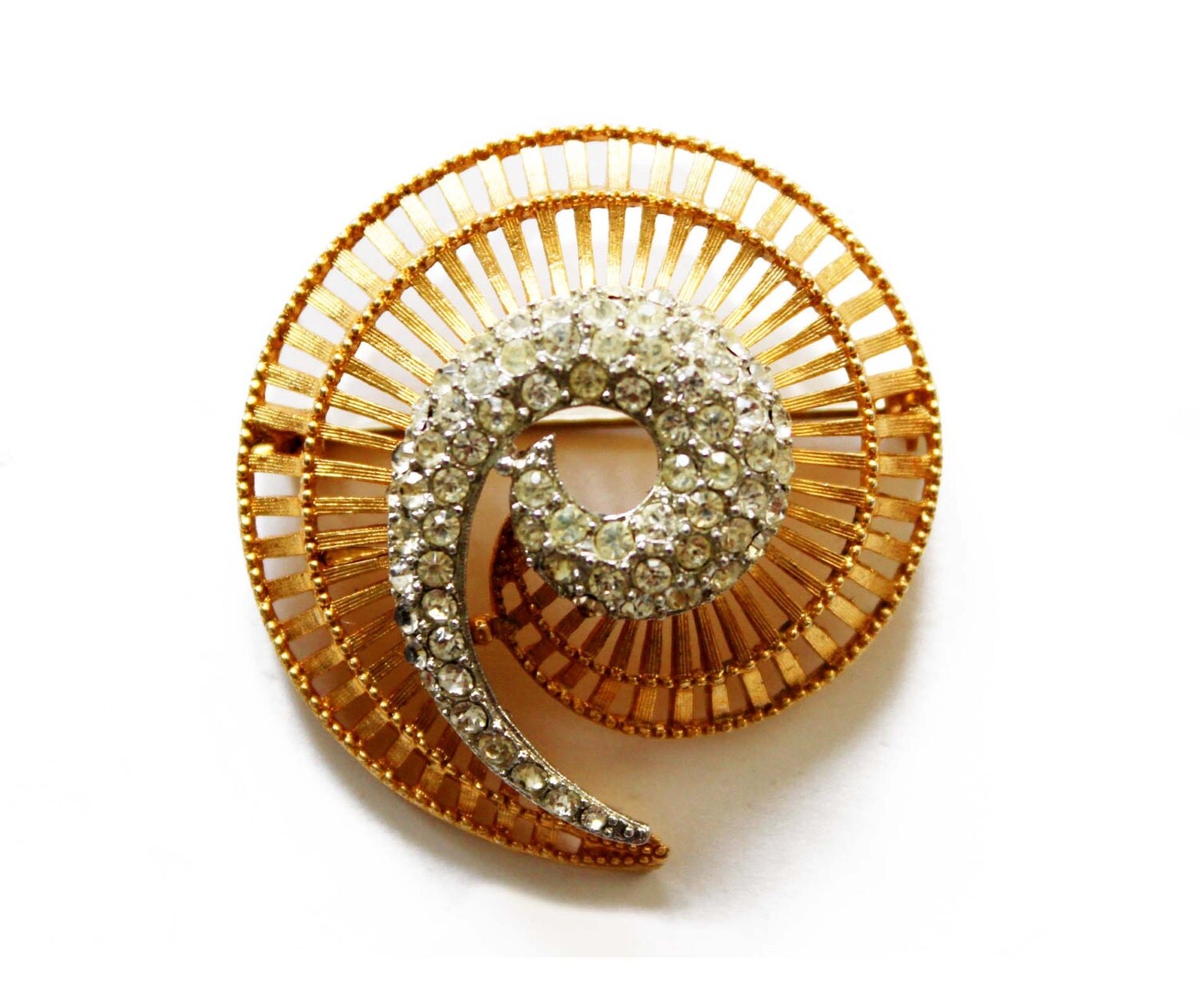 Vintage Gold and Rhinestone Brooch Large Rhinestone Brooch