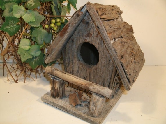 rustic tree bark wooden birdhouse small cute wood peaked roof