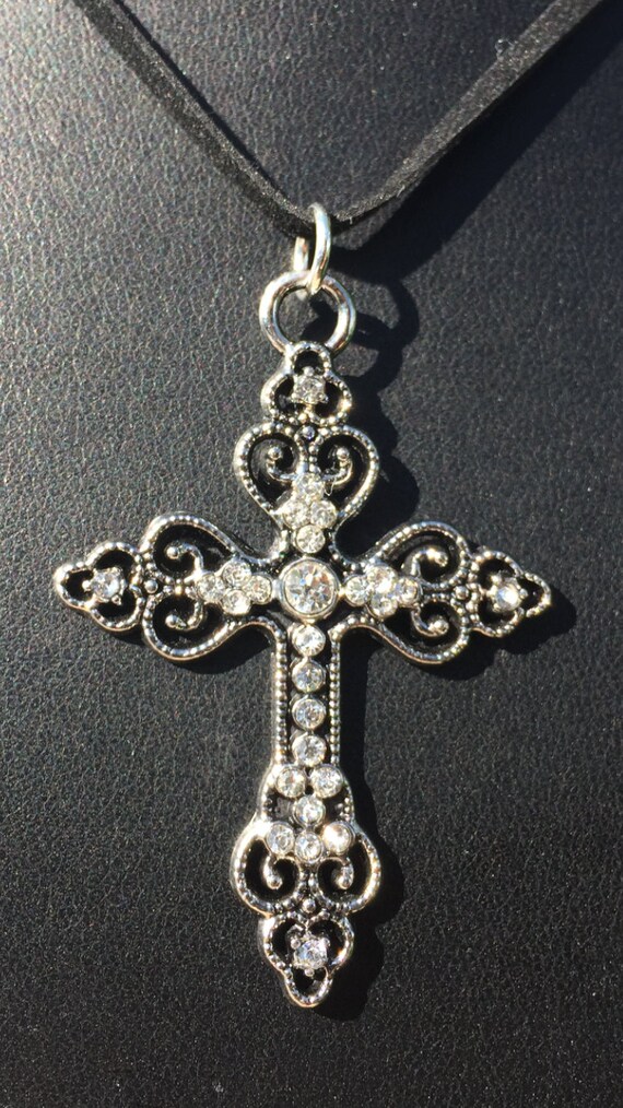 Lace & Rhinestone Cross Necklace