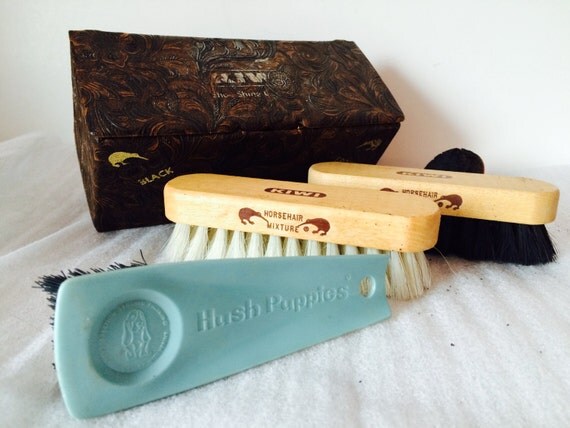 Vintage Shoe Shine Kit, Kiwi, Horsehair Misture Brush, Faux Tooled ...