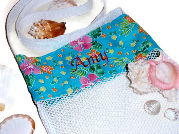 Personalized Bag, Embroidered, Mesh Beach Bag, Shell Collecting
