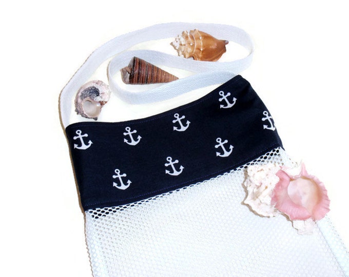 Navy Blue Anchor Beach Bag, Shell Collecting Mesh Tote, Kids or Adults Cross Body Beach Comber Bag, Nautical Party Theme Bag, Gifts Under 20