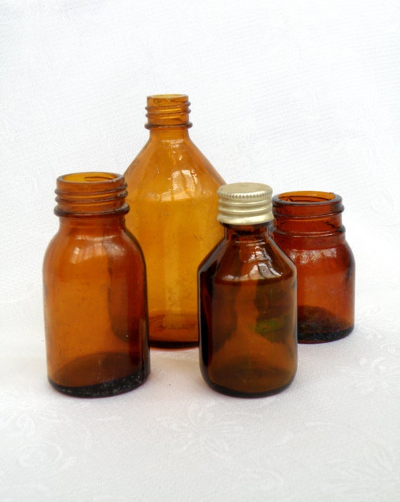 Vintage brown amber Medicine glass bottles APOTHECARY