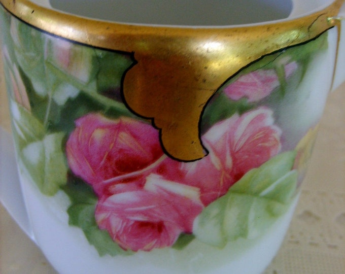 Rosenthale, Selb-Bavaria, Donatello Porcelain Creamer, wide gold top band, pink roses, maker stamp number, bright gold, mother's day gift