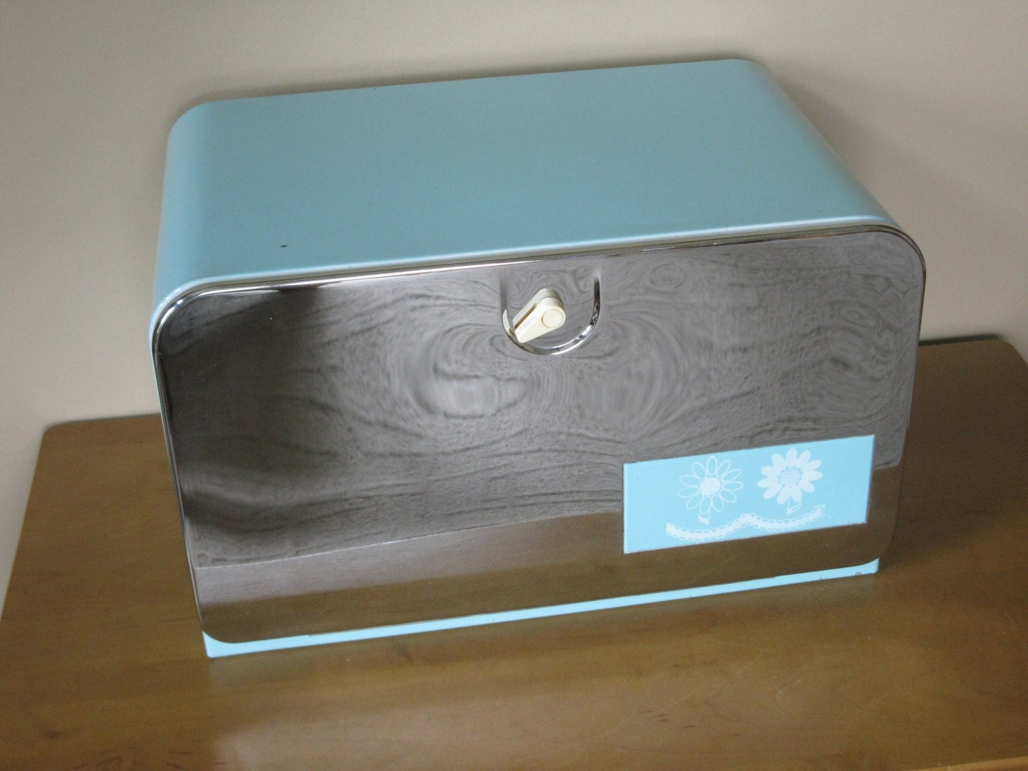 Retro Bread BoxTurquoise and CHROME large metal Hinged door mid