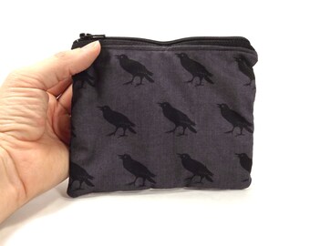 Raven clutch, raven zipper pouch, black, dark grey, black bird, purse, coin purse, purse organizer, raven