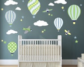 Hot Air Balloon Wall Decal ~ Plane, Stars and Clouds, Wall Stickers for boys nursery, toddler gifts, baby shower gift, blue, green, yellow