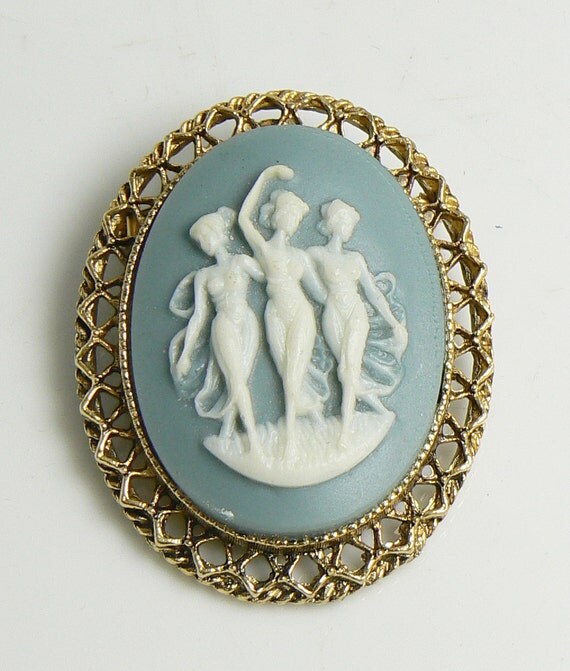 Vintage Blue Celluloid Three Graces Cameo Brooch Unique