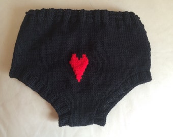 Black high waisted bikini, hand knit panties red heart