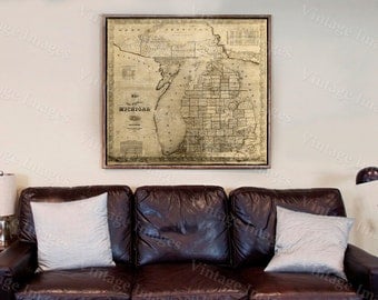 Vintage Michigan map, vintage 1856 old map of Michigan, Old Antique Restoration Hardware Style wall Map, Lake Michigan map. Fine Art Map
