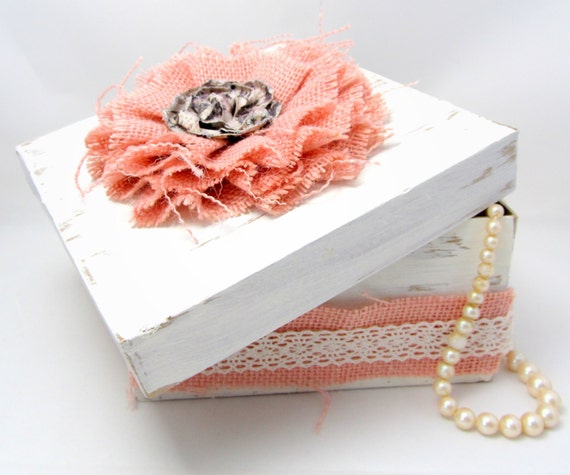 White and Pink Keepsake Box - Shabby Chic Box - Pink Burlap - Rustic Chic - Gift Box - Distressed Painted Box - White Lace