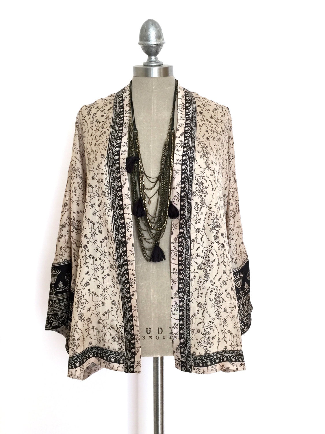 Silk Kimono jacket black and beige paisley indian border print