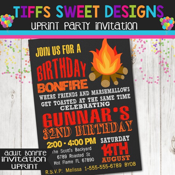 Adult Guys Birthday Party Invitation Bonfire Fire Pit