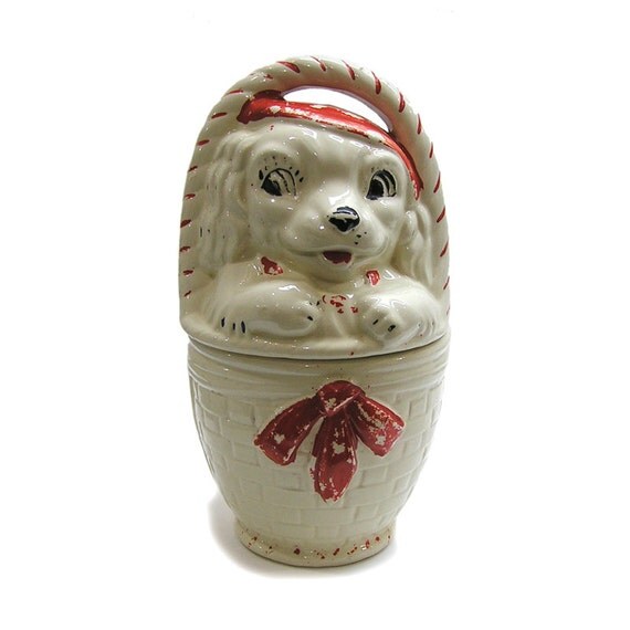 Vintage 1940s Dog In Basket Cookie Jar by American Bisque