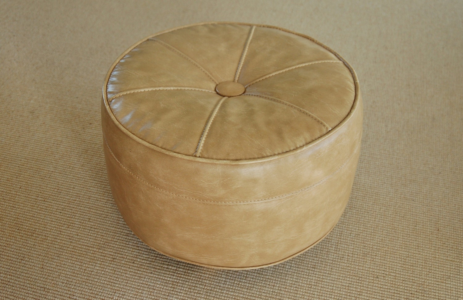 Mid Century Hassock Ottoman Footstool Pouf, Eames Era Neutral Tan Vinyl