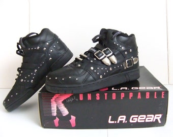 Vintage Michael Jackson Shoes by L.A. Gear, Unstoppable, Billie Jean, Womens Size 10 Shoes, Velcro Buckles, Silver Studded Black High Tops