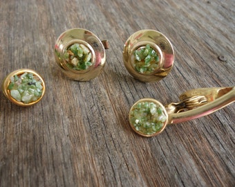 Green Stone Cuff Links, Tie Clip and Tie Tack Set
