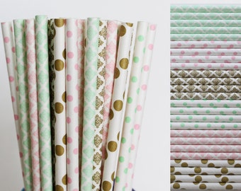 Pink Mint Gold Paper Straws, Unicorn Birthday Party, First Birthday, Gender Reveal, Bridal Shower Decor,vintage wedding, baby, cake pop
