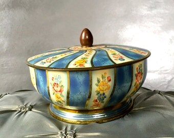 Vintage Blue Floral Candy Tin, Belgium