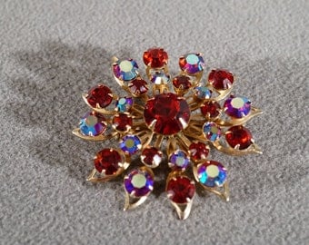 Vintage Art Deco Style Yellow Gold Tone Ruby Red Aurora Borealis Rhinestones Pin Brooch Jewelry K