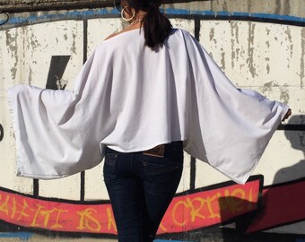 Plus Size White Top/Cropped Maxi Top/Extravagant Blouse/Kimono Sleeve Top/Loose Off the Shoulder Top