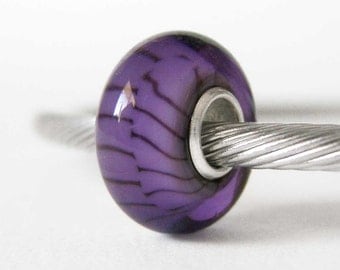 Purple and Black Murano Lampwork Sterling Silver European Style Large Hole Bead