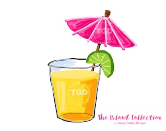 Preppy Cocktail with Pink Umbrella Clip Art - Original Art download, cocktail clip art, preppy clip art, The Island Collection
