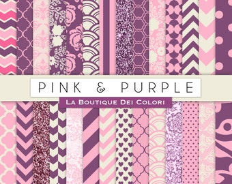 Pink and Purple Digital Paper. Digital paper purple & pink wedding patterns, Instant Download for Commercial Use