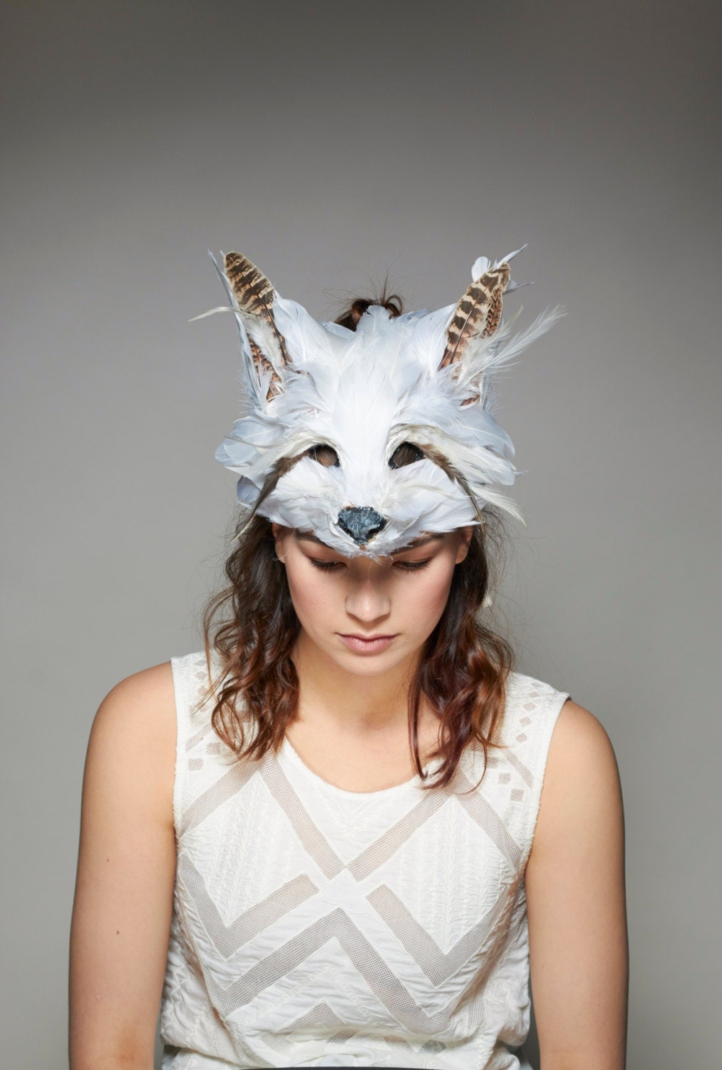 Luxury White Feather Fox Mask Snow Fox Headdress Arctic Fox