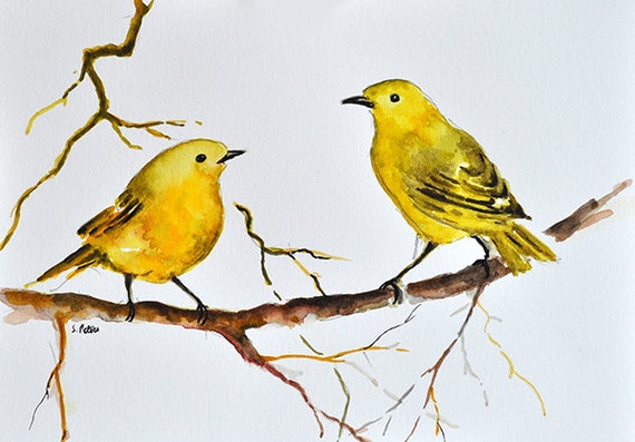 ORIGINAL Watercolor Painting Yellow Warbler Birds on a Branch