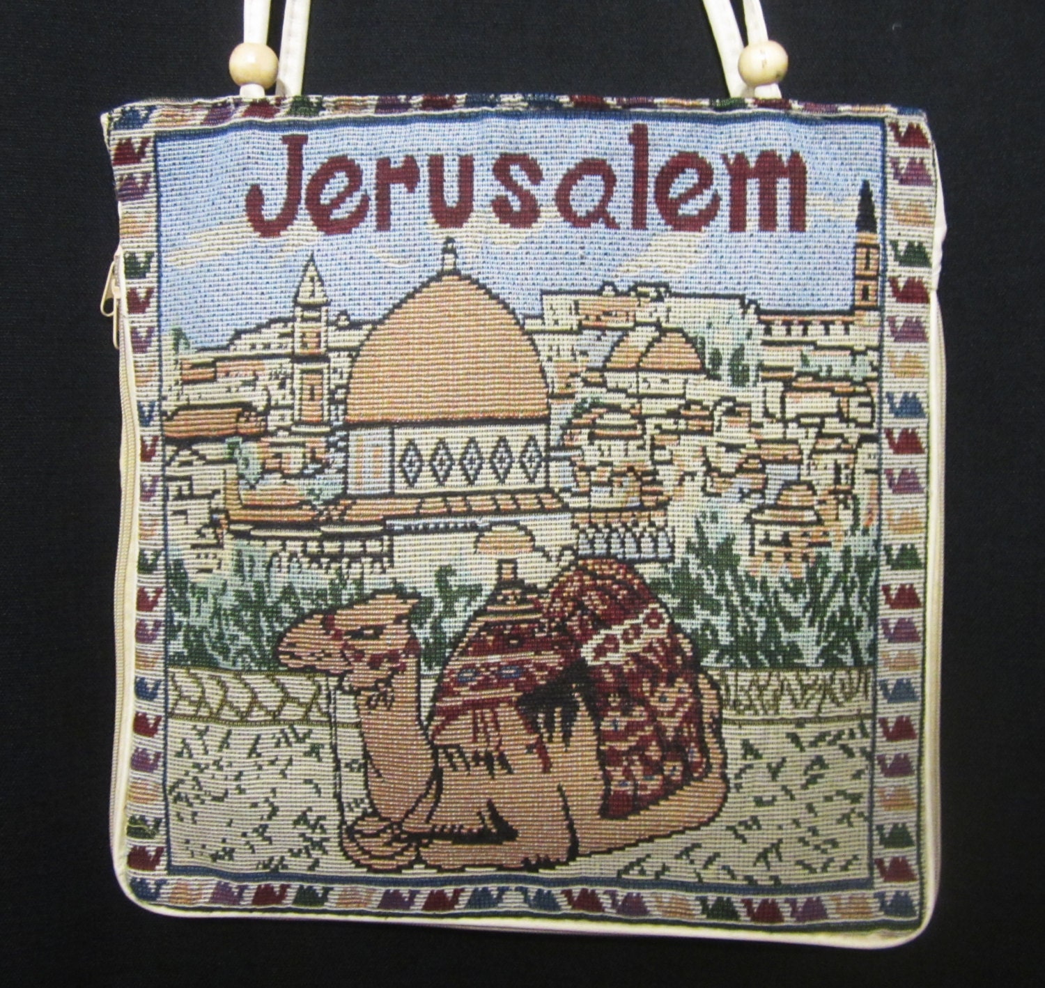 Vintage Jerusalem Souvenir Handbag, 13×13 inch Tote Bag, Tapestry Purse