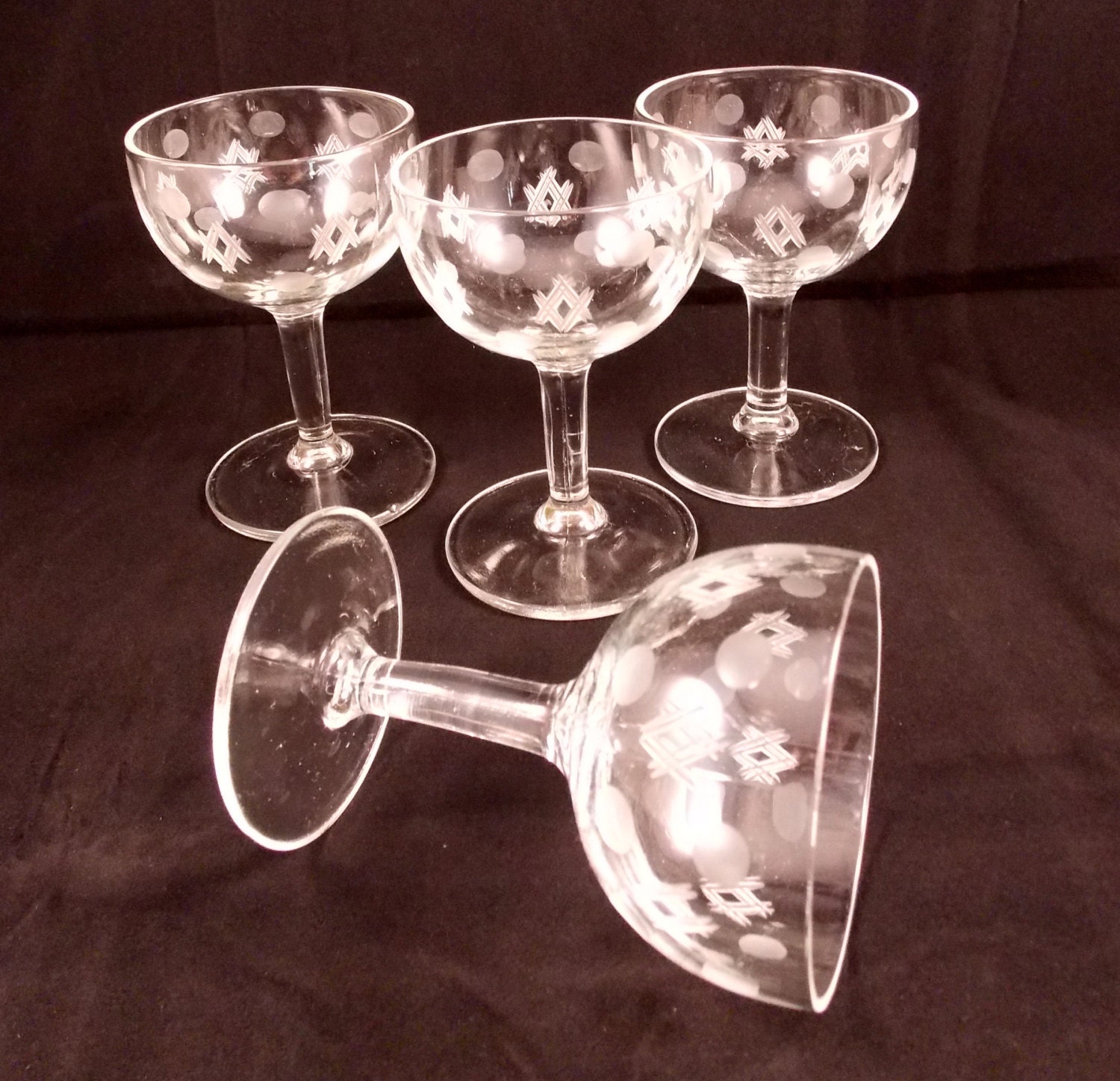 Vintage Cordial Glasses Etched Dot Diamond Set by StoneCreekResale