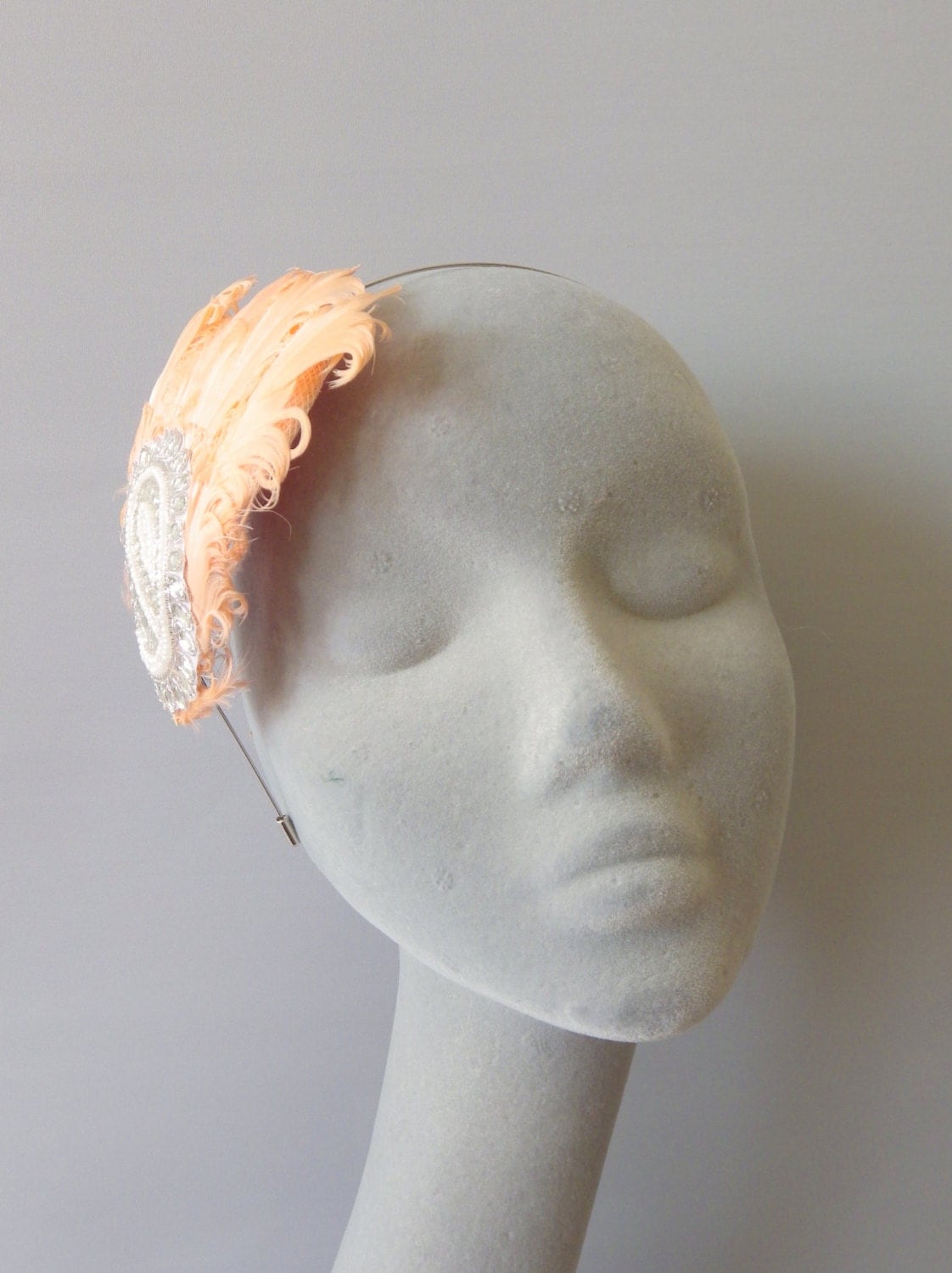 Peach Blush Feather Fascinator Headband. Sinamay and Feather