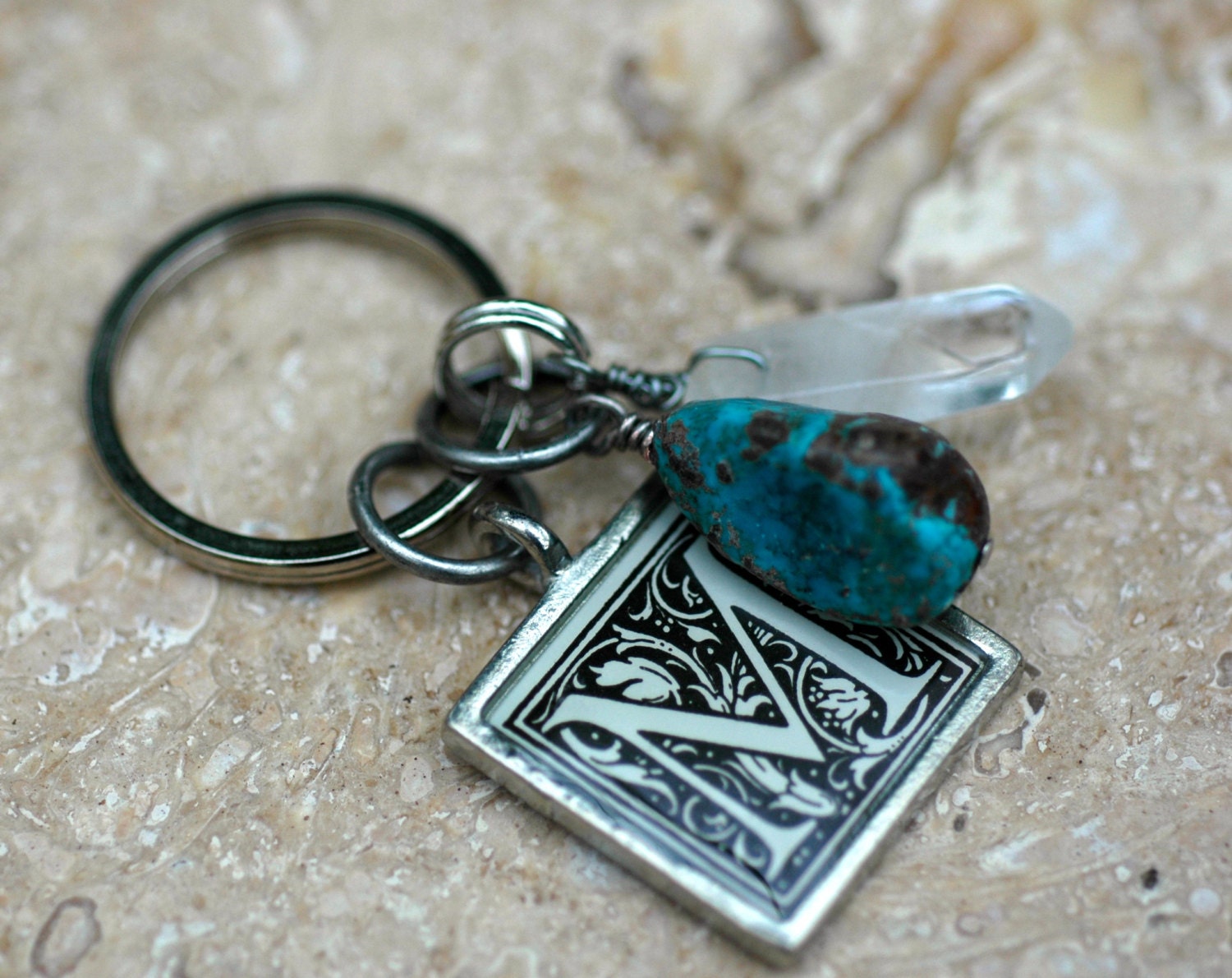 Personalized Gemstone Keychain with Turquoise Clear Quartz