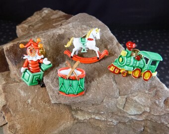 Christmas Toys Scatter Pins Signed JJ Train Drum Rocking Horse Pop Up Jester Painted Metal Lapel Style Vintage Pins