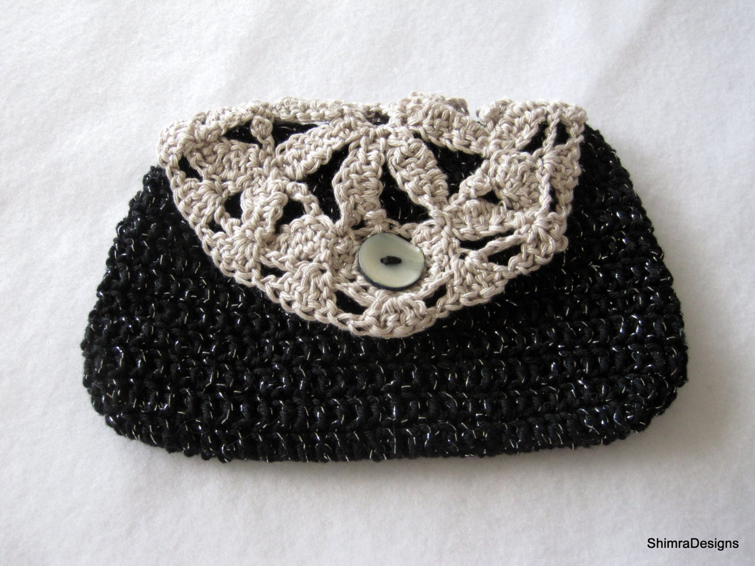 Black Crochet Cosmetic / Makeup Bag with Cream Flower Motif