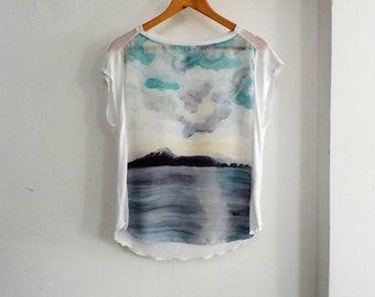 Loose white blouse,Silk tee,Blouse,Beach wearable,Unique clothing ,Sleeveles tunic,Silk hand painted,Silk tee,Loose blouse,Light blue,Top