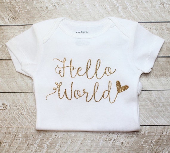 Hello World Gold Glitter Baby Girl onesie by BellesandBeausInc
